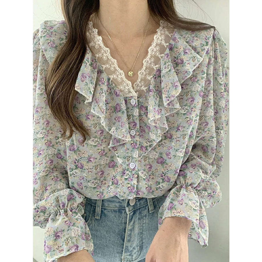 Floral Ruffle Lace Trim V-Neck Shirt Apparel and Accessories