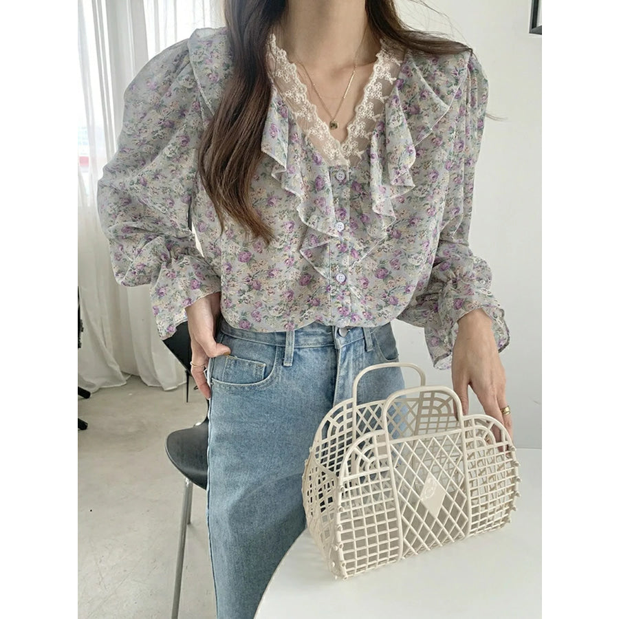 Floral Ruffle Lace Trim V-Neck Shirt Blue / S Apparel and Accessories