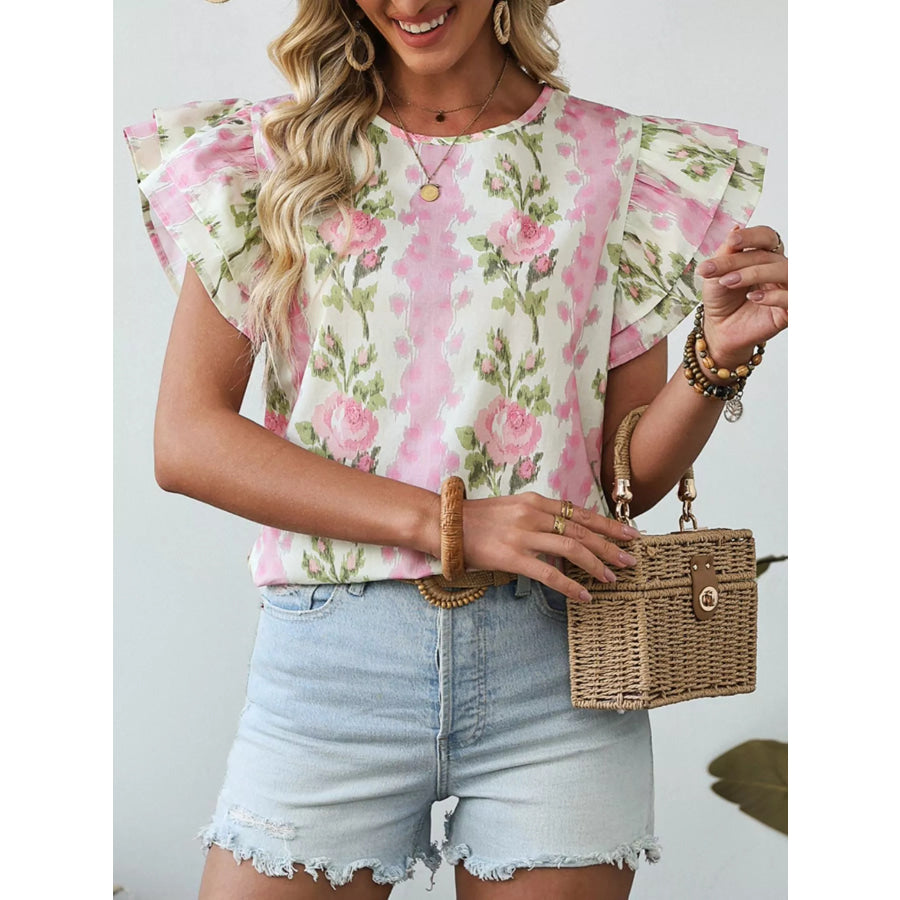 Floral Ruffle Sleeve Blouse Blush Pink / S Apparel and Accessories