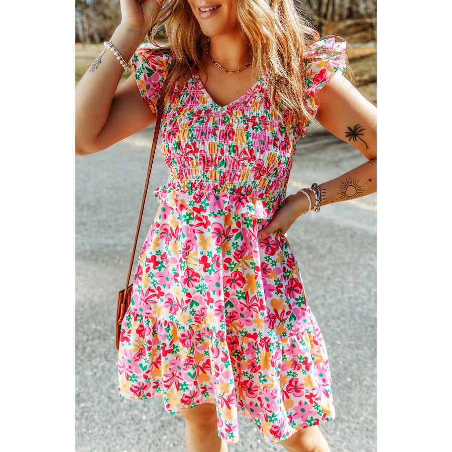 Floral Ruffle Trim Smocked Dress Multicolor / S