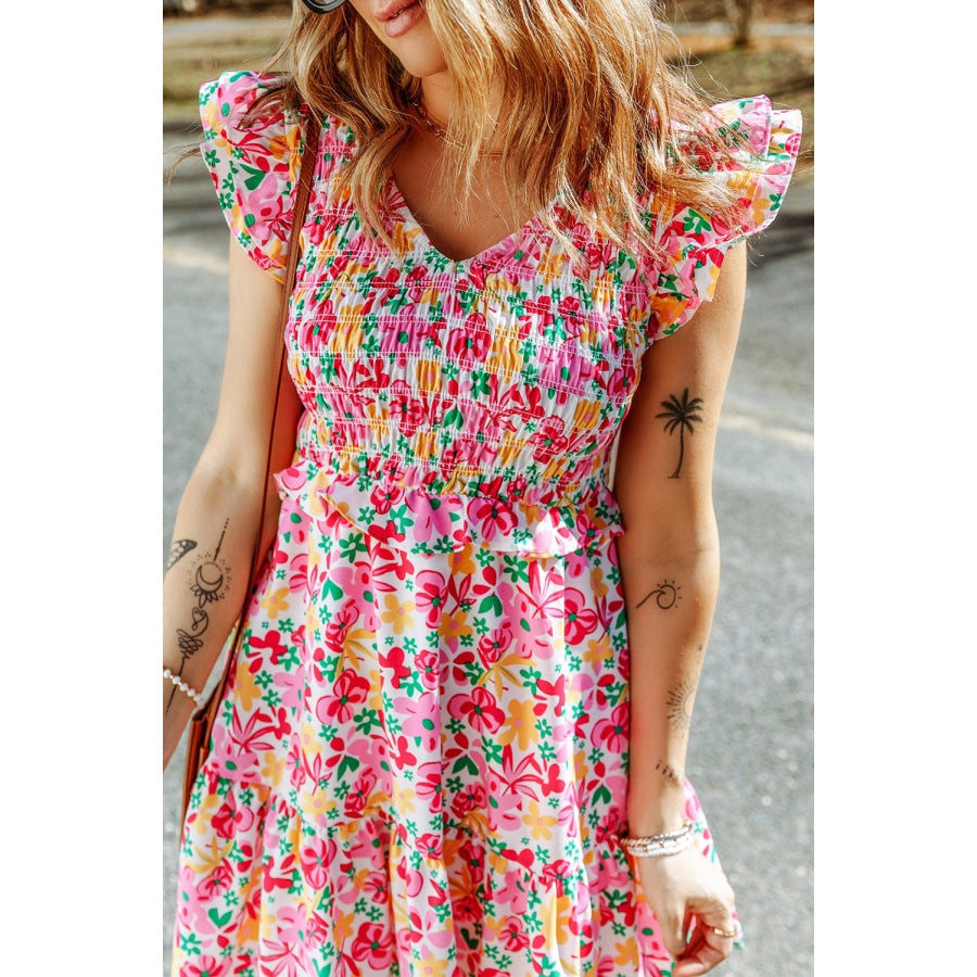 Floral Ruffle Trim Smocked Dress