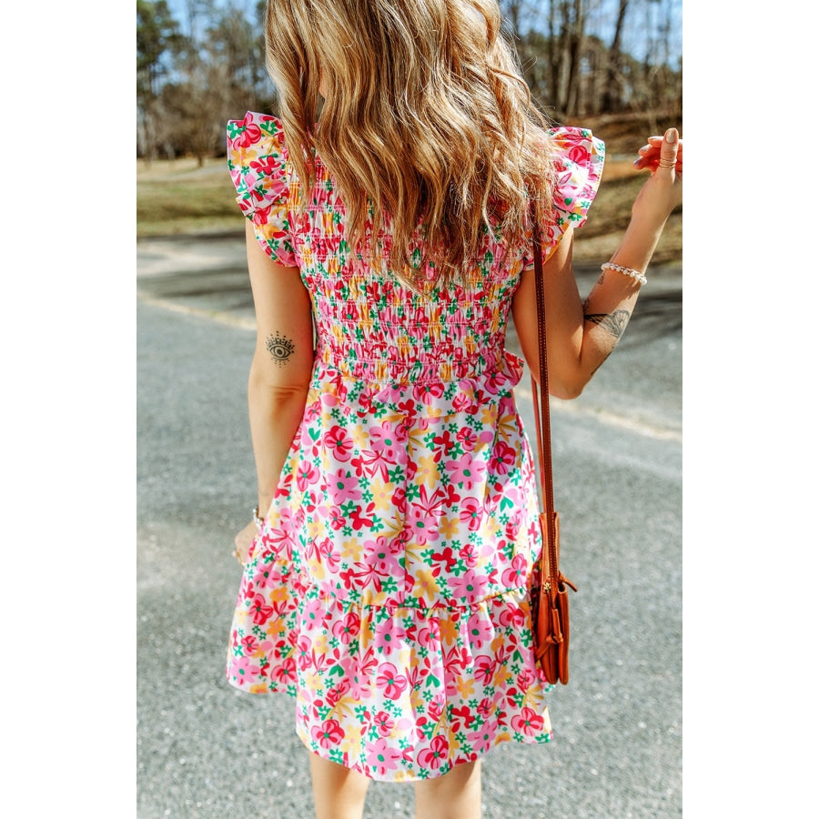 Floral Ruffle Trim Smocked Dress