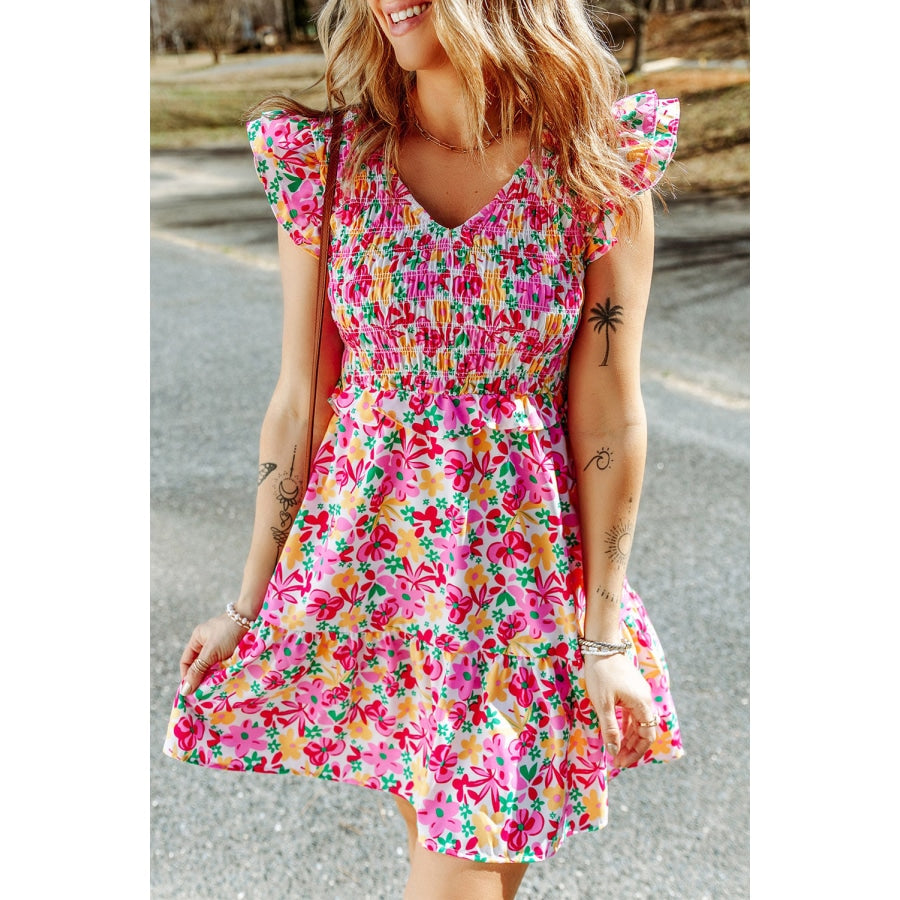 Floral Ruffle Trim Smocked Dress