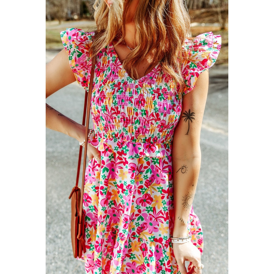 Floral Ruffle Trim Smocked Dress