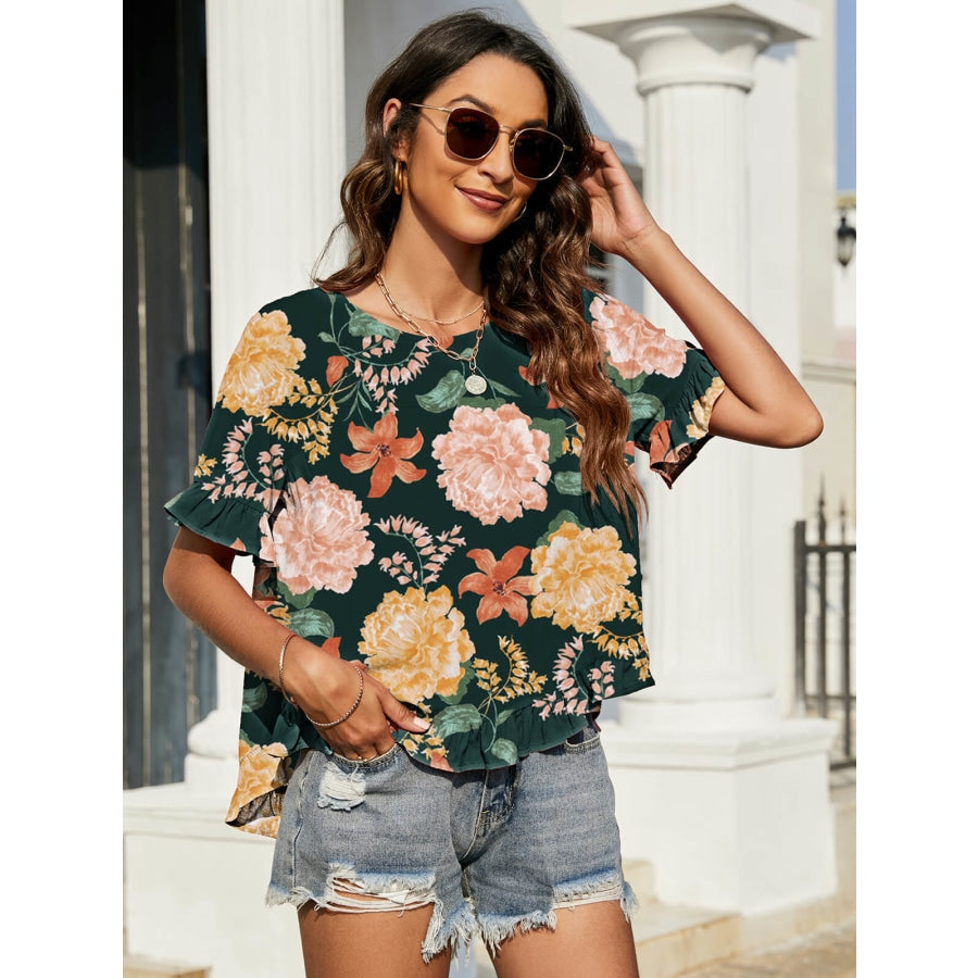 Floral Ruffled Flounce Sleeve Blouse Teal / S