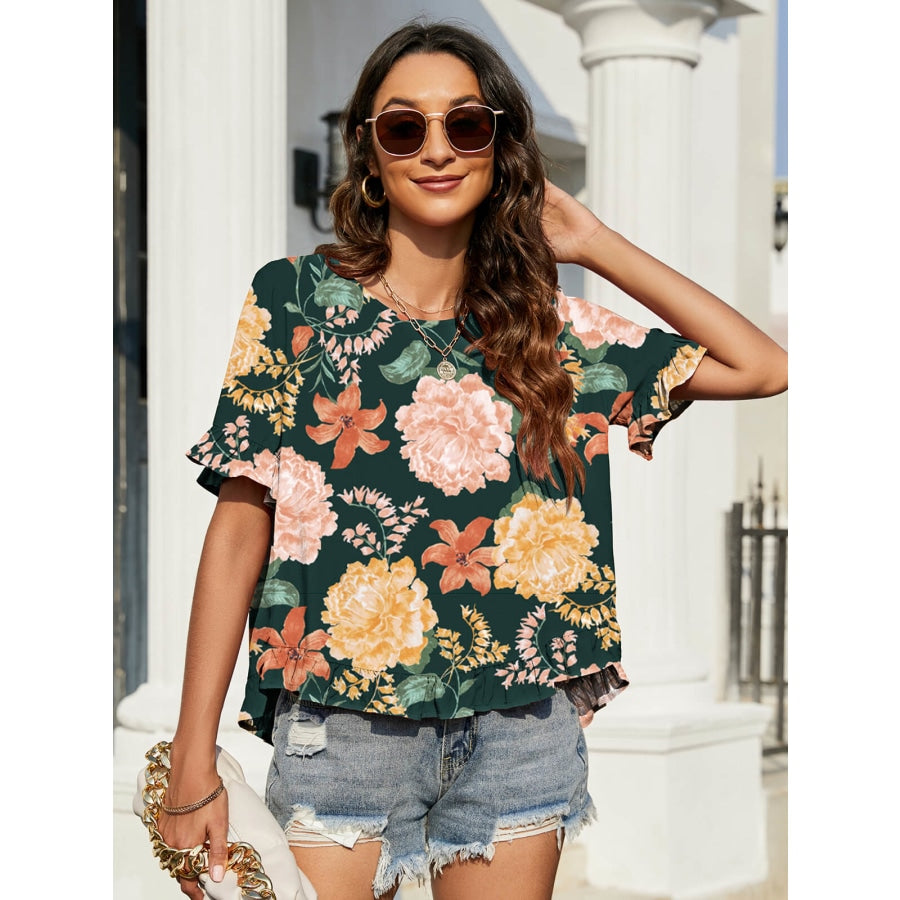 Floral Ruffled Flounce Sleeve Blouse