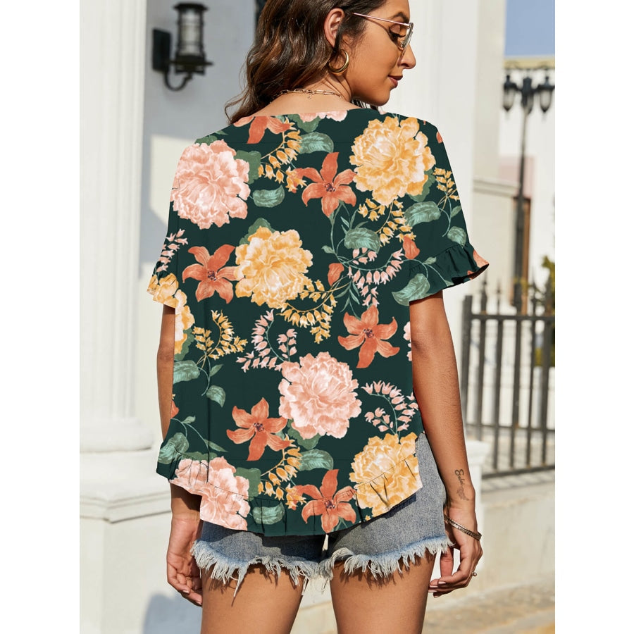 Floral Ruffled Flounce Sleeve Blouse