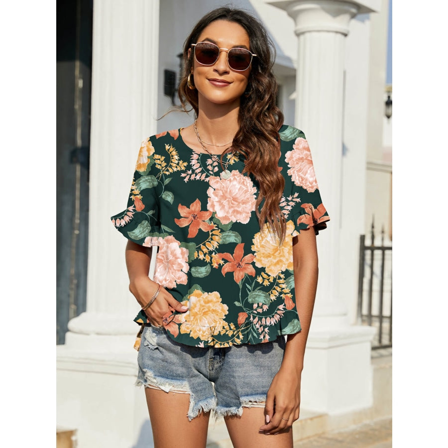 Floral Ruffled Flounce Sleeve Blouse