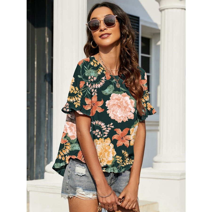 Floral Ruffled Flounce Sleeve Blouse