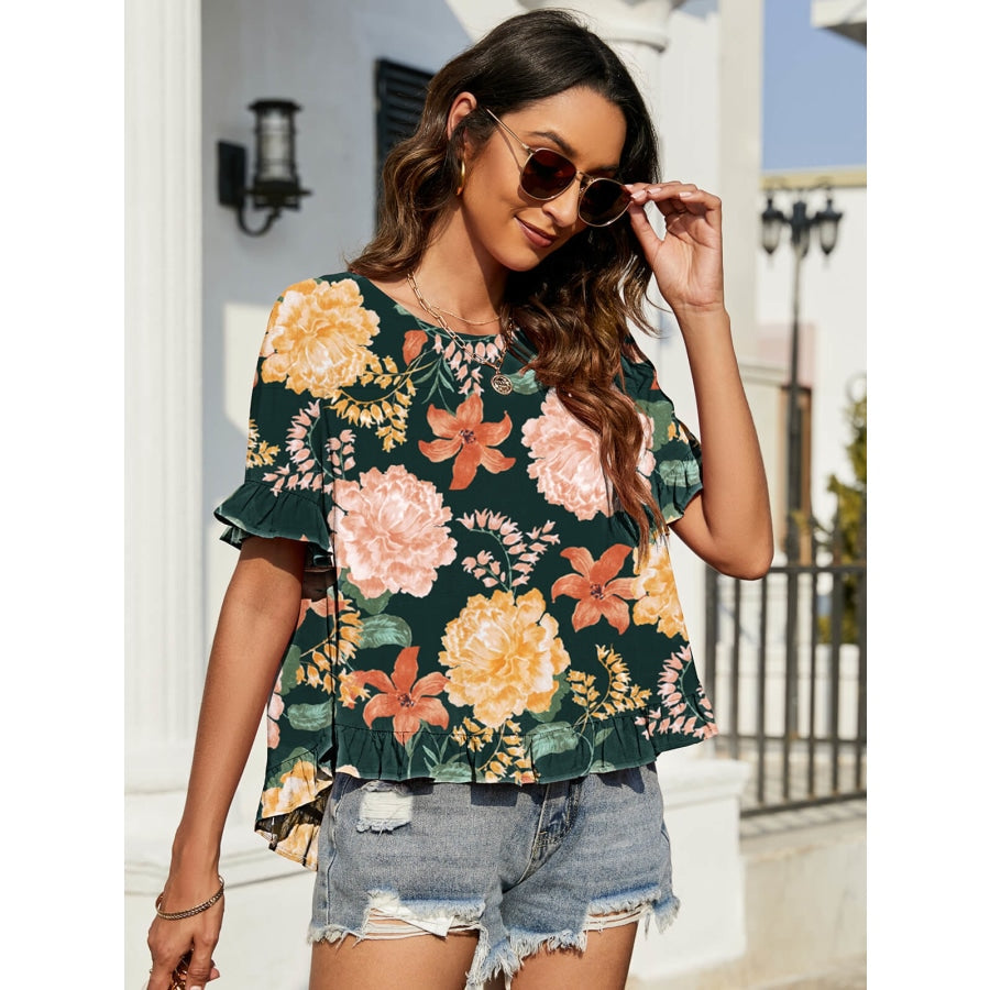 Floral Ruffled Flounce Sleeve Blouse