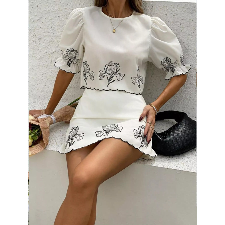 Floral Scallop Trim Top and Skirt Two-Piece Set White / XS Apparel and Accessories