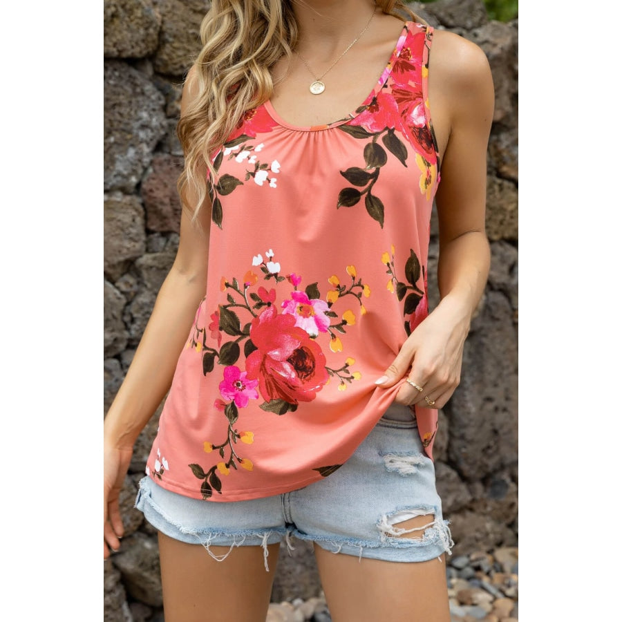 Floral Scoop Neck Tank Top Coral / M