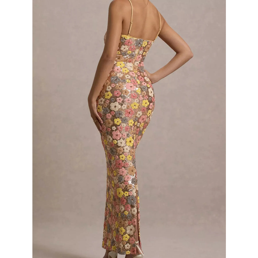 Floral Sequin Embellished Bodycon Maxi Dress Apparel and Accessories