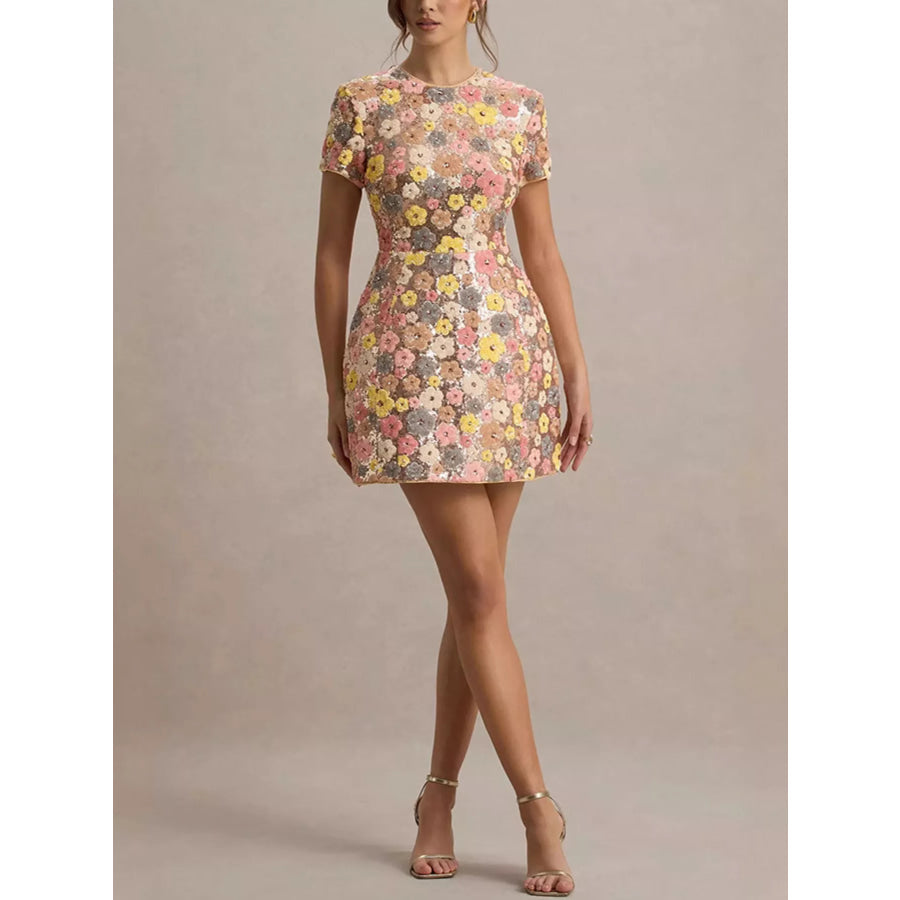 Floral Sequin Short Sleeve Mini Dress Apparel and Accessories