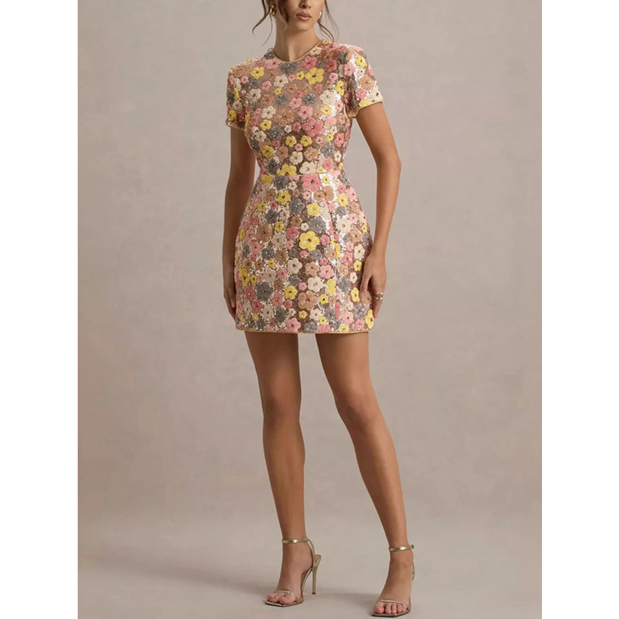 Floral Sequin Short Sleeve Mini Dress Apparel and Accessories