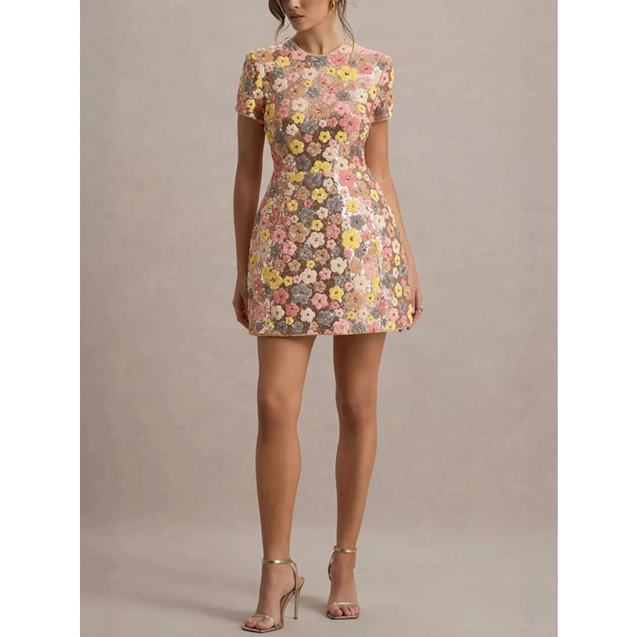 Floral Sequin Short Sleeve Mini Dress Apparel and Accessories