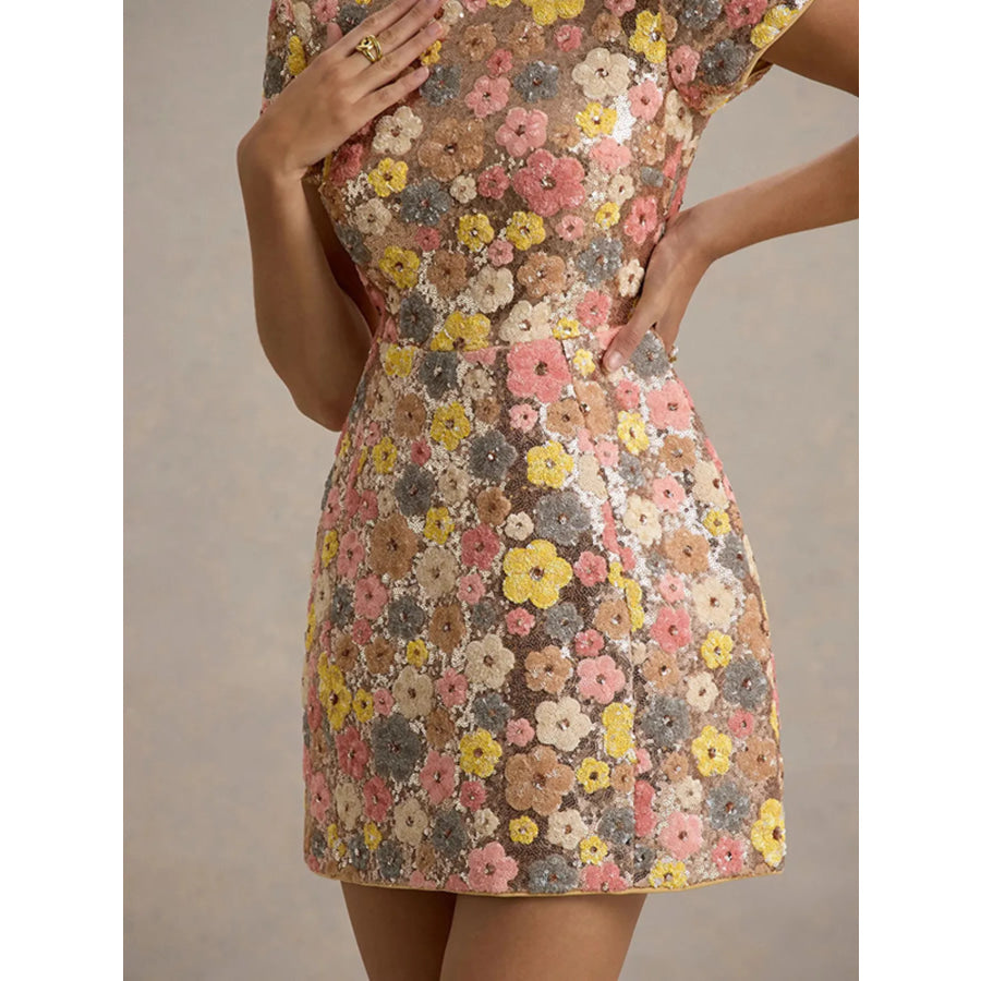 Floral Sequin Short Sleeve Mini Dress Apparel and Accessories
