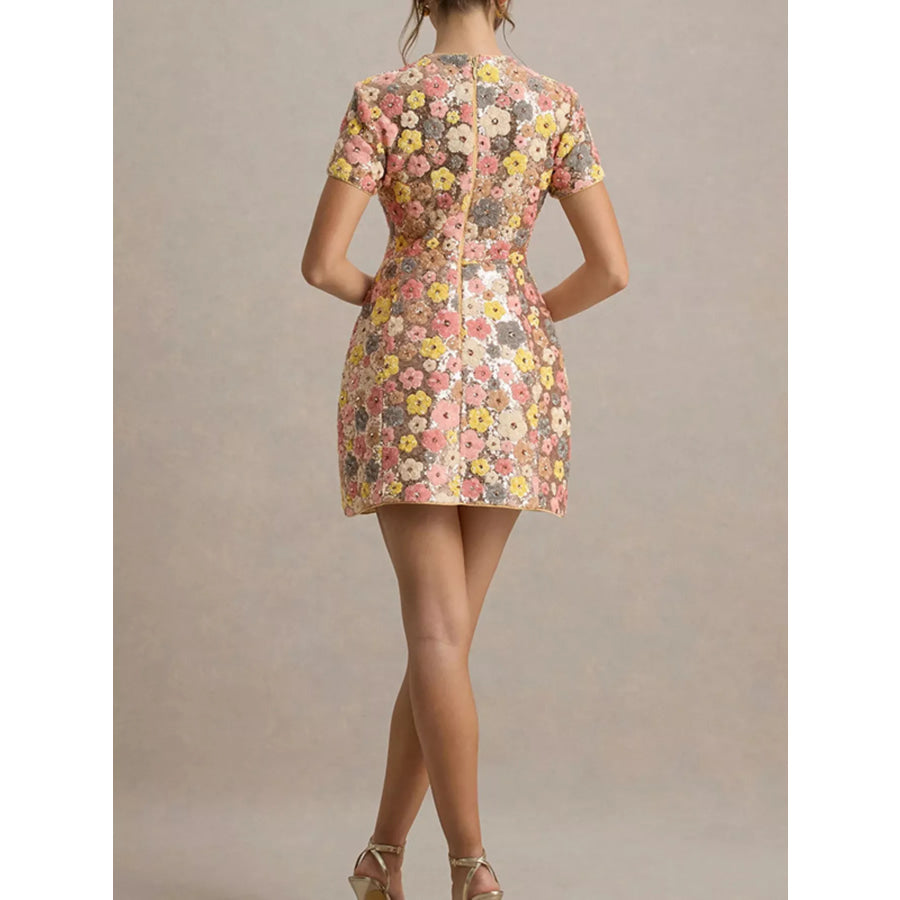 Floral Sequin Short Sleeve Mini Dress Apparel and Accessories