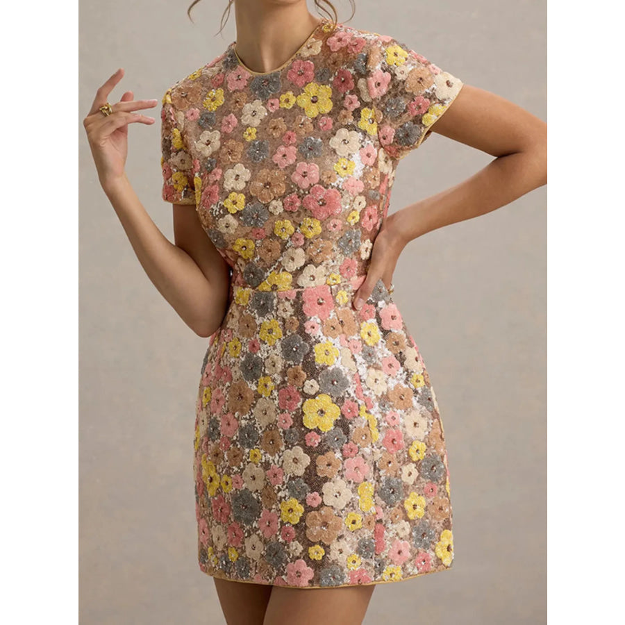 Floral Sequin Short Sleeve Mini Dress Multicolor / S Apparel and Accessories