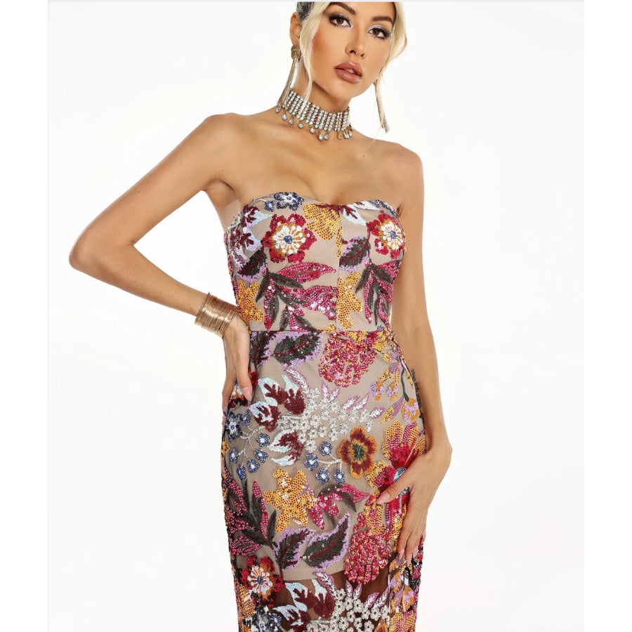 Floral Sequin Strapless Dress Women’s Fashion - Weddings & Events - Celebrity-Inspired Dresses