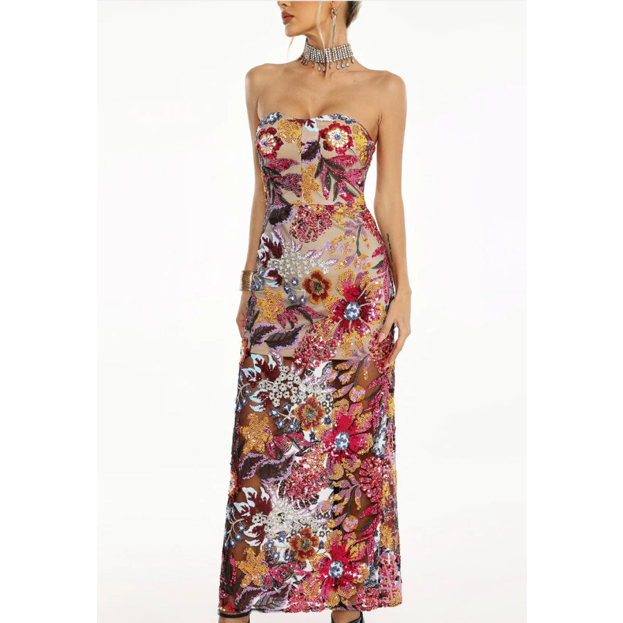Floral Sequin Strapless Dress Women’s Fashion - Weddings & Events - Celebrity-Inspired Dresses