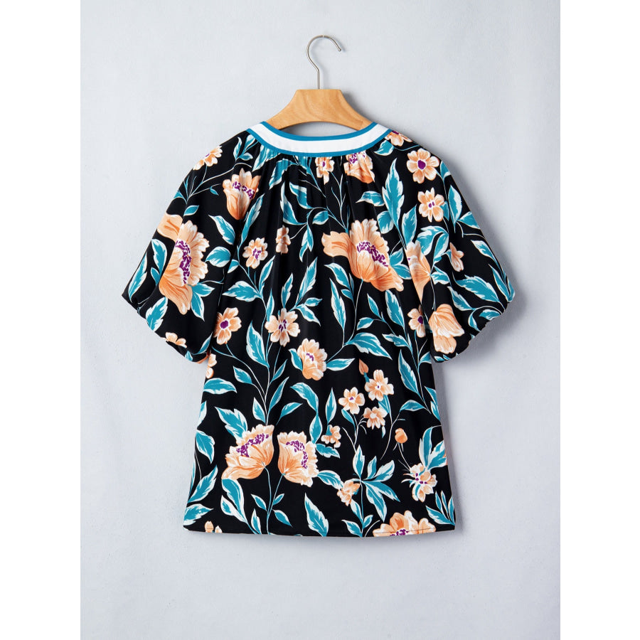 Floral Short Bubble Sleeve Buttoned Notched Neck Blouse Apparel and Accessories