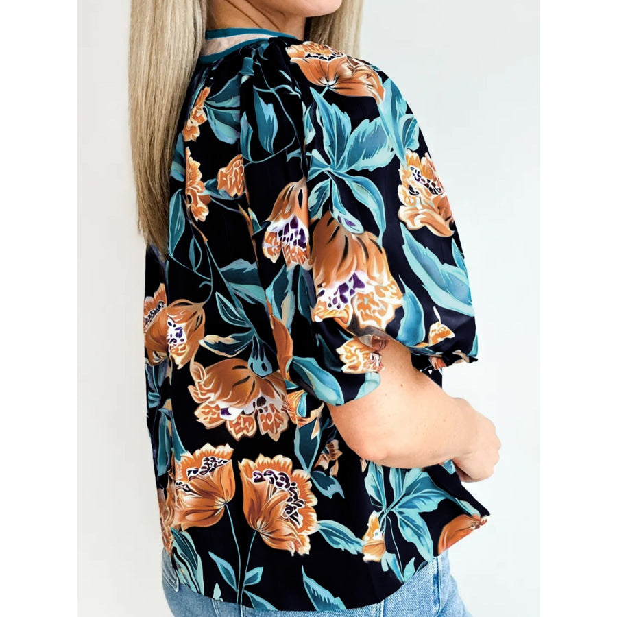Floral Short Bubble Sleeve Buttoned Notched Neck Blouse Apparel and Accessories