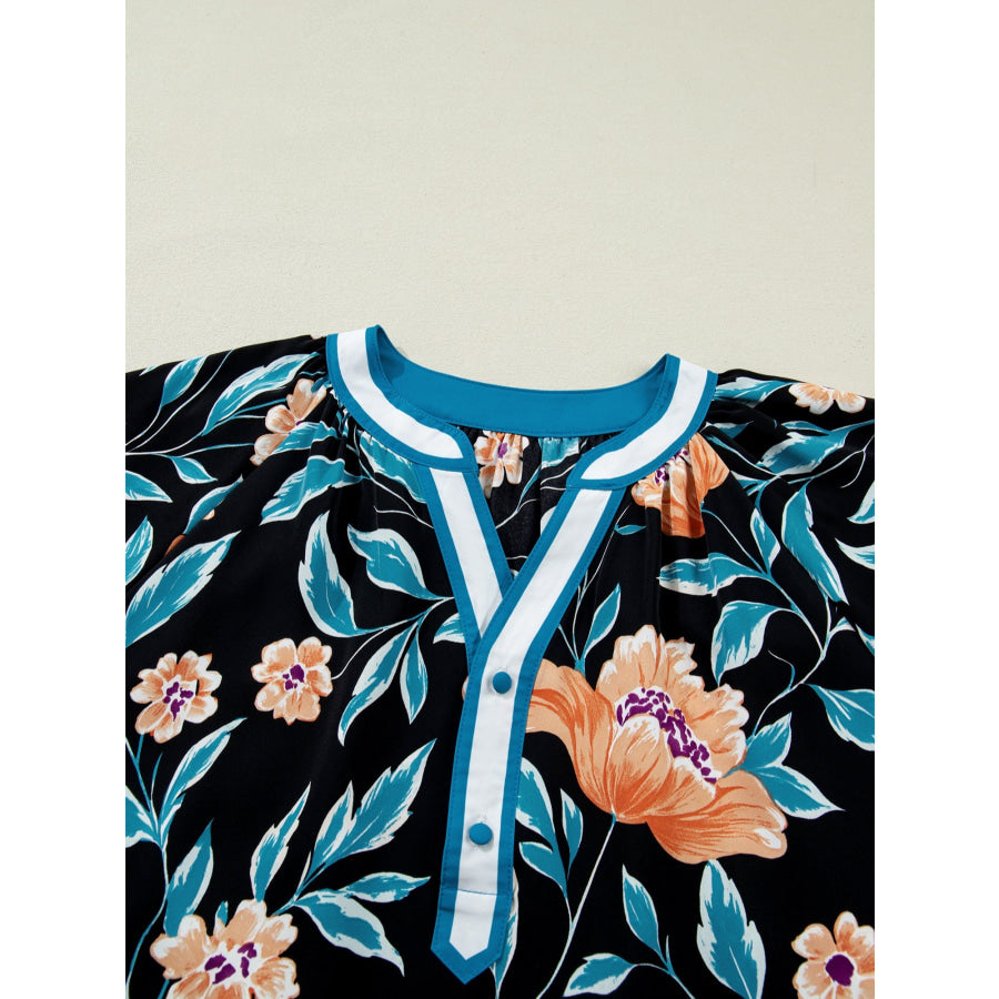 Floral Short Bubble Sleeve Buttoned Notched Neck Blouse Apparel and Accessories