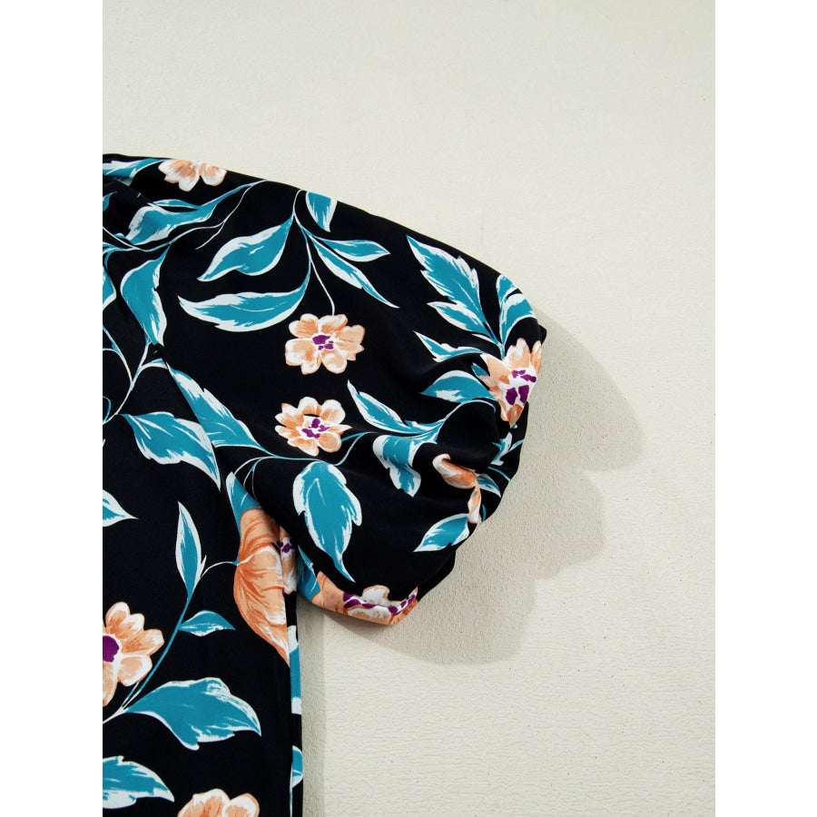 Floral Short Bubble Sleeve Buttoned Notched Neck Blouse Apparel and Accessories