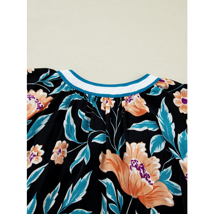 Floral Short Bubble Sleeve Buttoned Notched Neck Blouse Apparel and Accessories