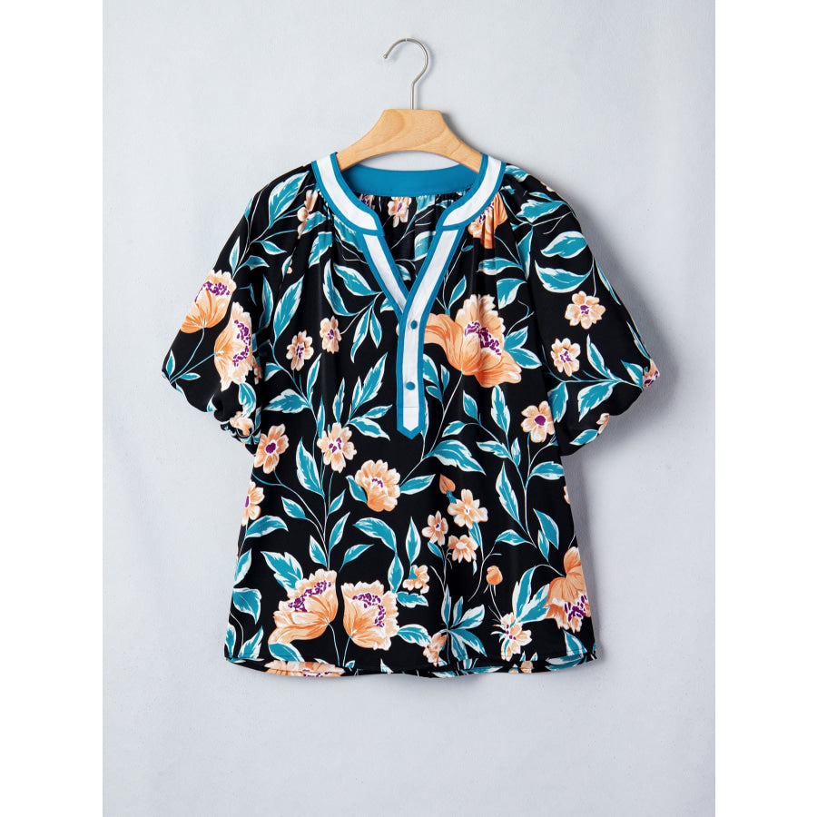 Floral Short Bubble Sleeve Buttoned Notched Neck Blouse Apparel and Accessories
