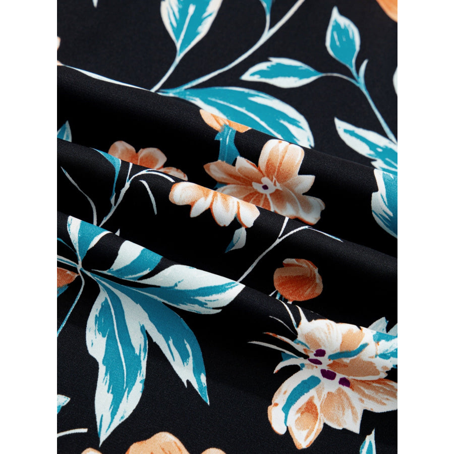 Floral Short Bubble Sleeve Buttoned Notched Neck Blouse Apparel and Accessories