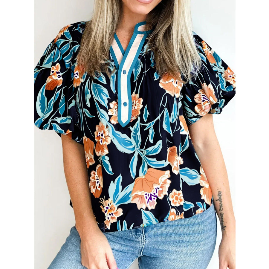 Floral Short Bubble Sleeve Buttoned Notched Neck Blouse Floral / S Apparel and Accessories
