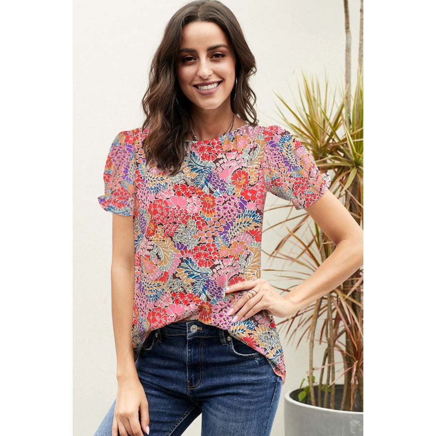 Floral Short Flounce Sleeve Blouse