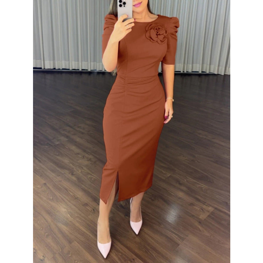 Floral Short Sleeve Ruched Bodycon Midi Dress Light Brown / S Apparel and Accessories