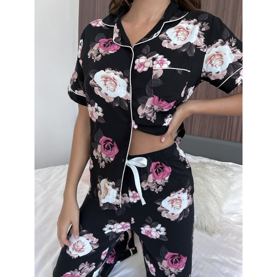 Floral Short Sleeve Shirt and Pants Lounge Set