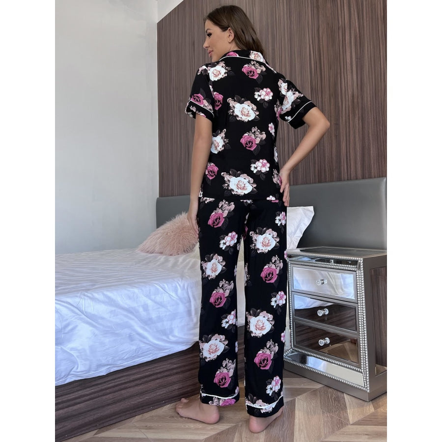 Floral Short Sleeve Shirt and Pants Lounge Set Floral / S