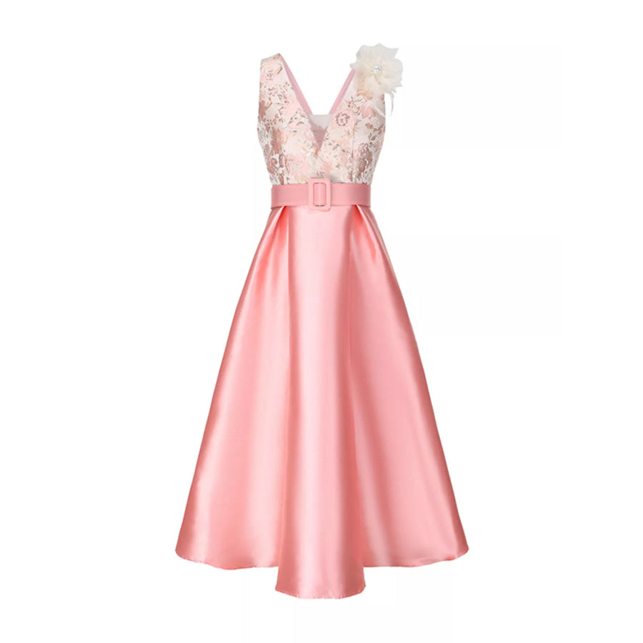 Floral Sleeveless Belted Midi Dress Orange Pink / S Apparel and Accessories