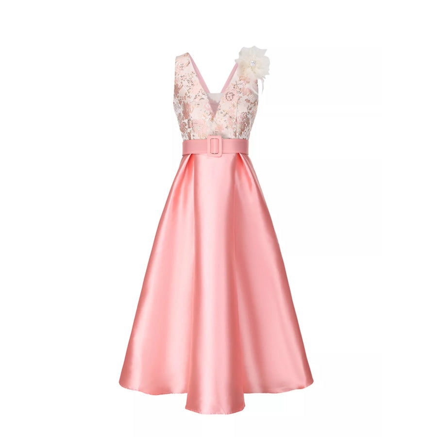 Floral Sleeveless Belted Midi Dress Orange Pink / S Apparel and Accessories