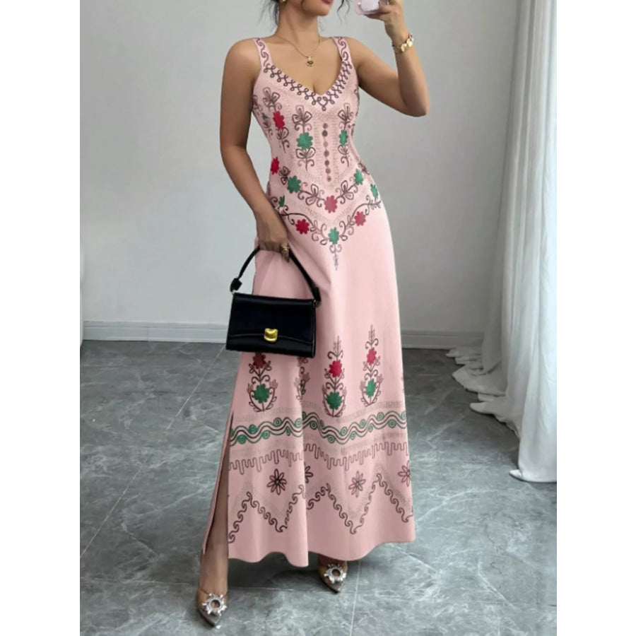 Floral Sleeveless Maxi Dress with Side Slit Dusty Pink / S Apparel and Accessories