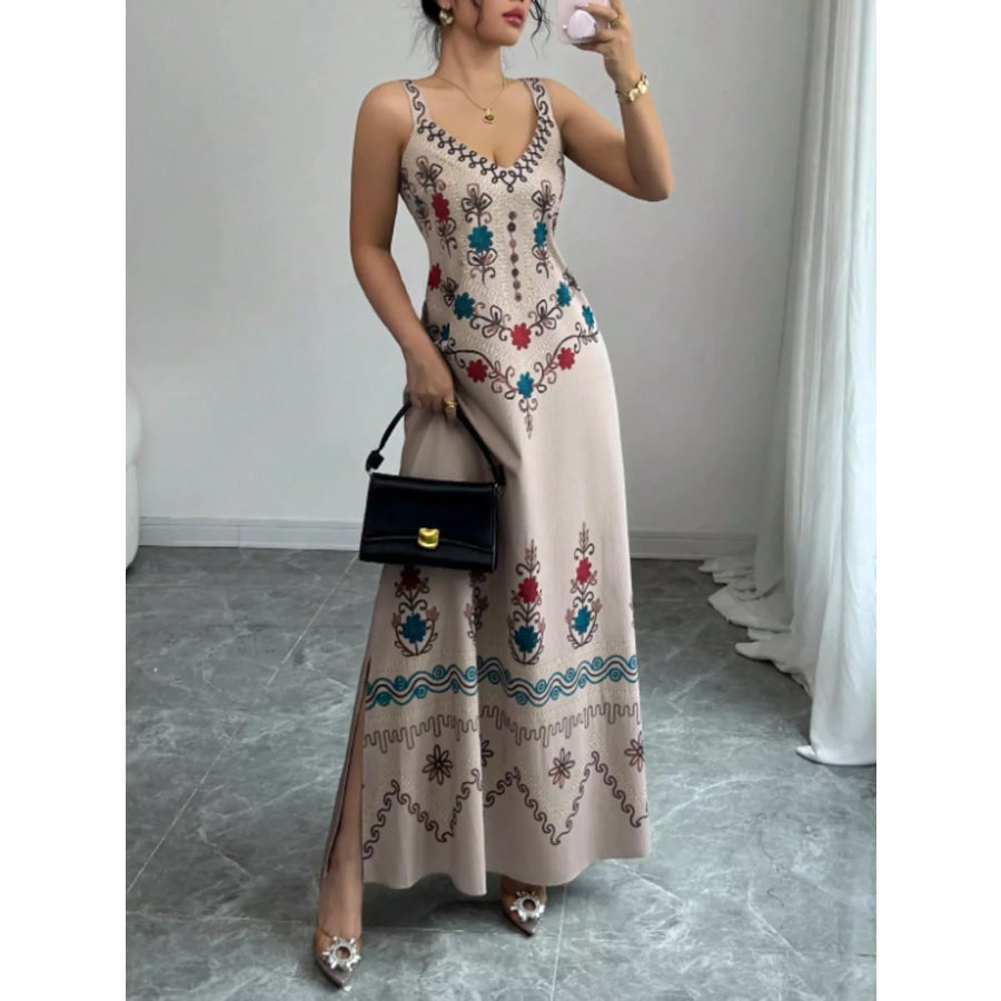 Floral Sleeveless Maxi Dress with Side Slit Gray / S Apparel and Accessories