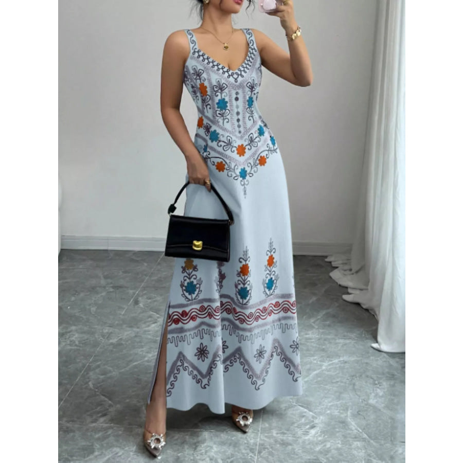 Floral Sleeveless Maxi Dress with Side Slit Light Blue / S Apparel and Accessories