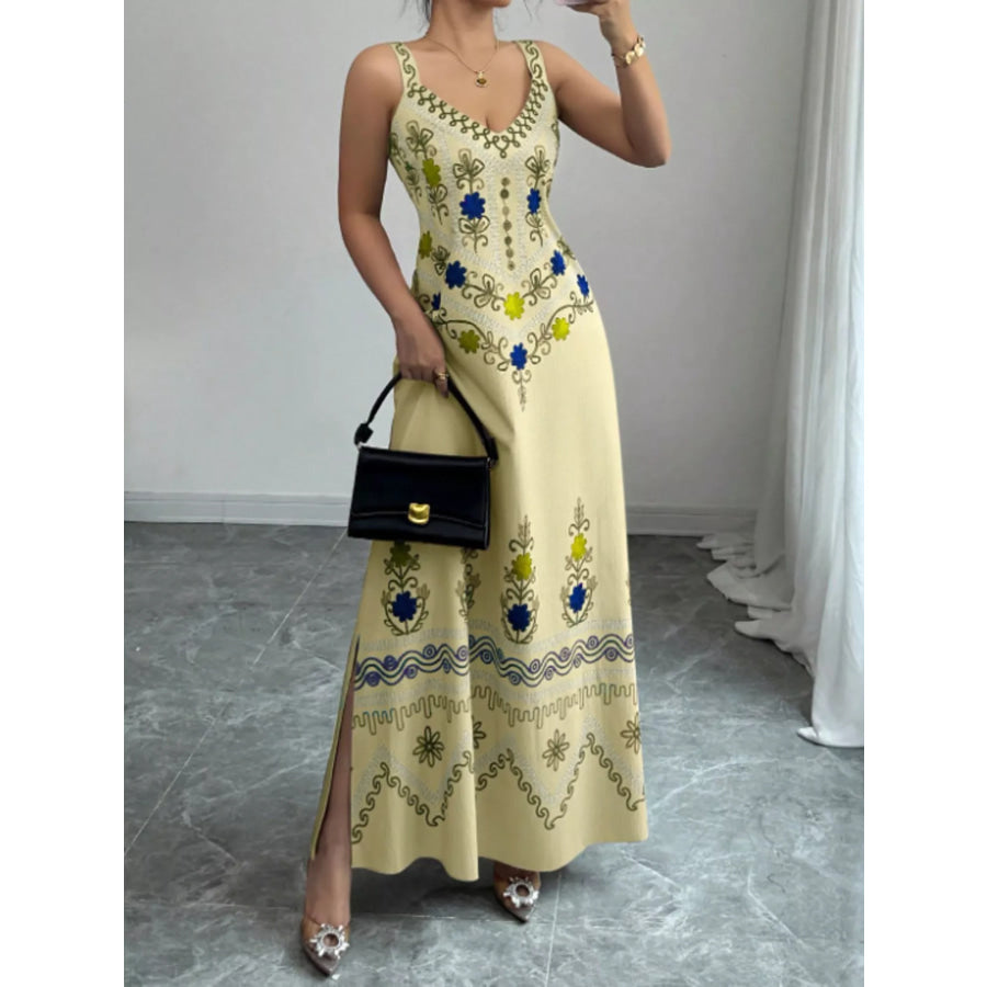 Floral Sleeveless Maxi Dress with Side Slit Pastel Yellow / S Apparel and Accessories