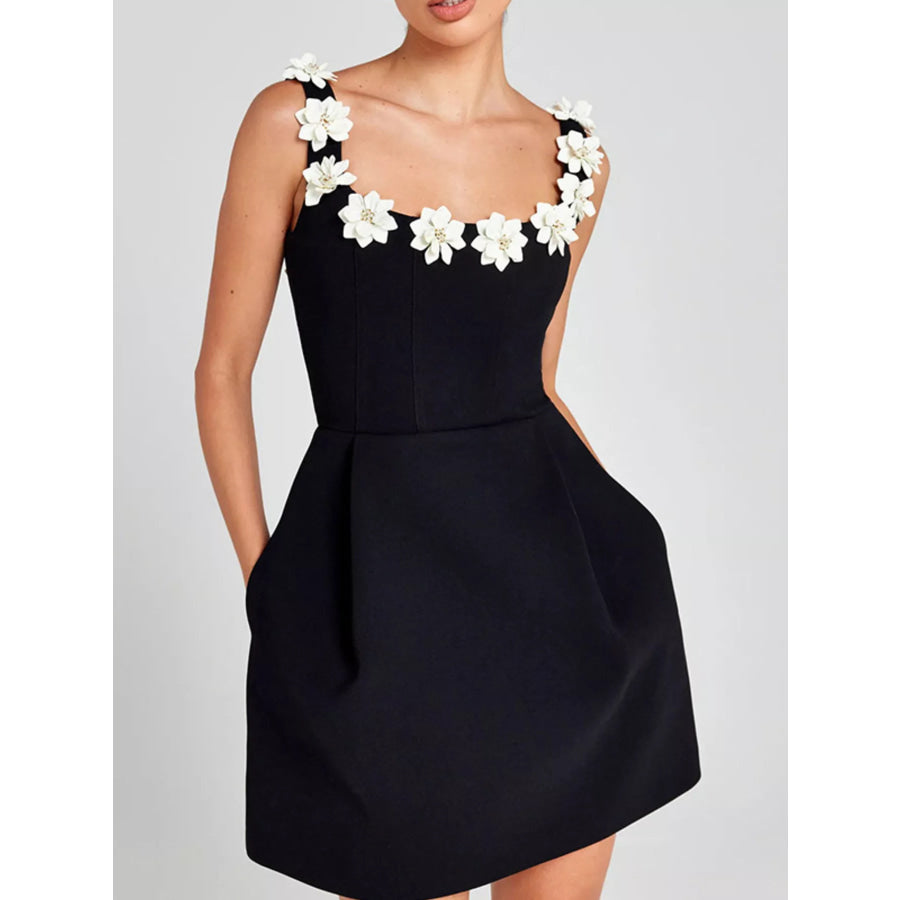Floral Sleeveless Mini Dress with Pockets Black White Flower / S Apparel and Accessories