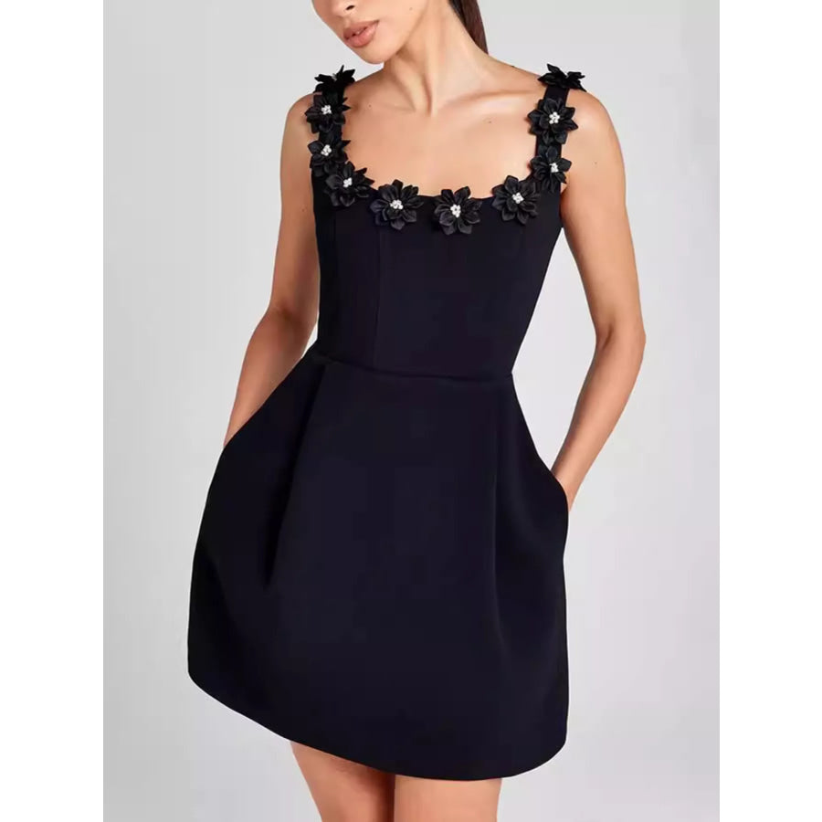 Floral Sleeveless Mini Dress with Pockets Black Black Flower / S Apparel and Accessories