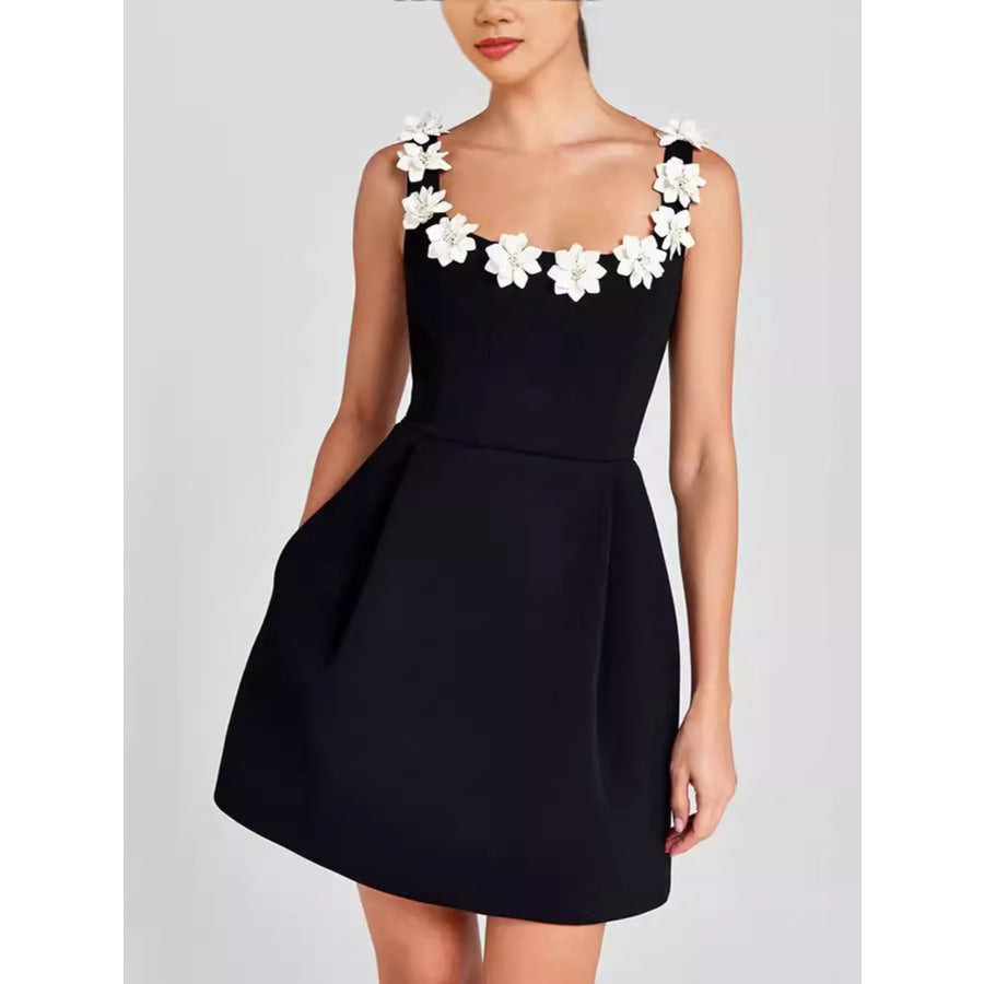 Floral Sleeveless Mini Dress with Pockets Black White Flower / S Apparel and Accessories