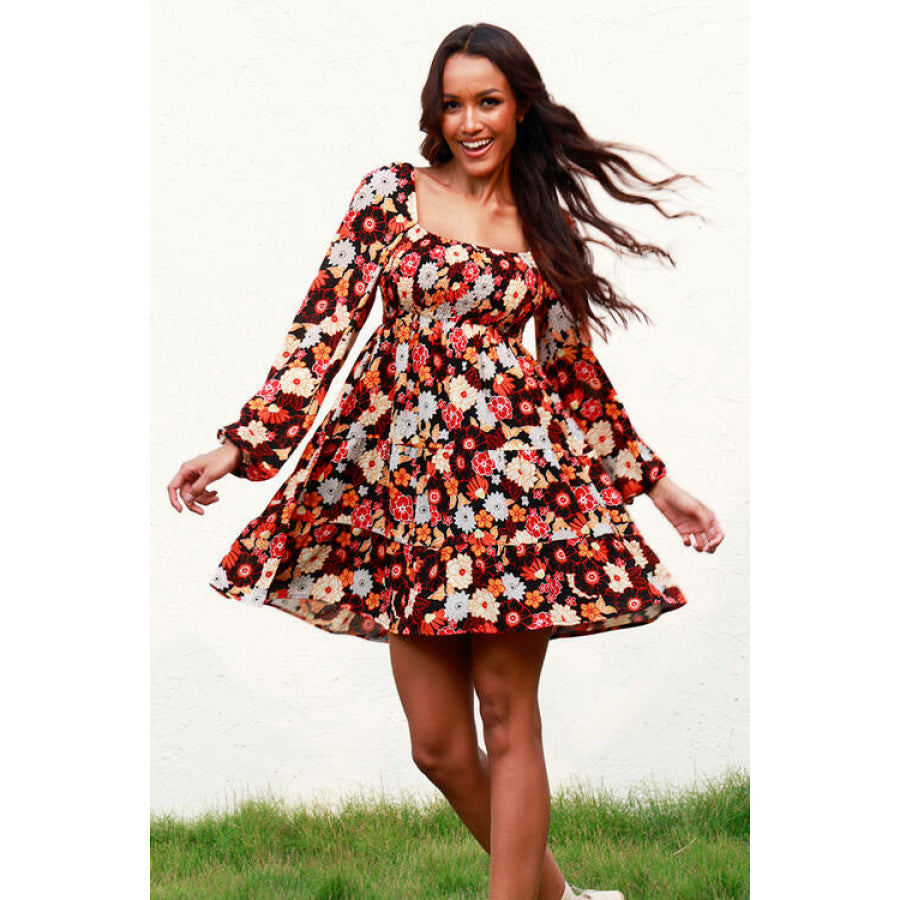 Floral Smocked Balloon Sleeve Tiered Dress Clothing