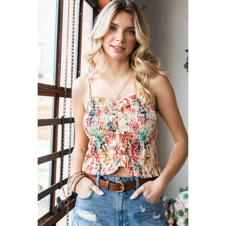 Floral Smocked Frill Trim Cami Floral / S