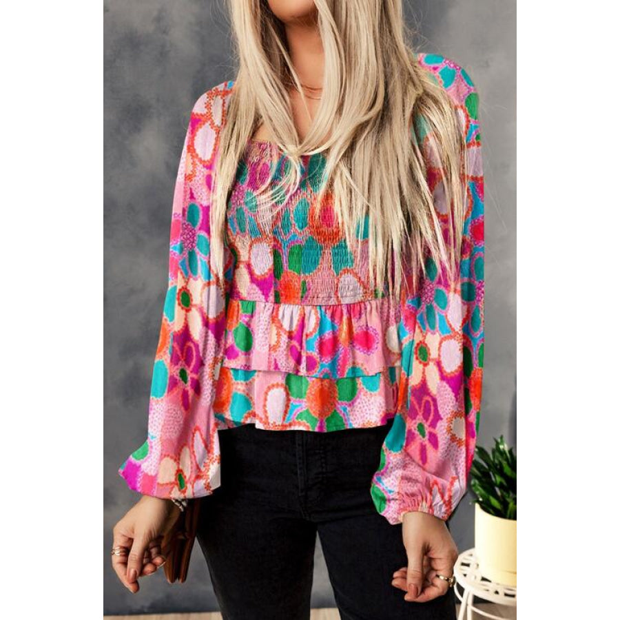 Floral Smocked Ruffled Balloon Sleeve Blouse Multicolor / S Clothing