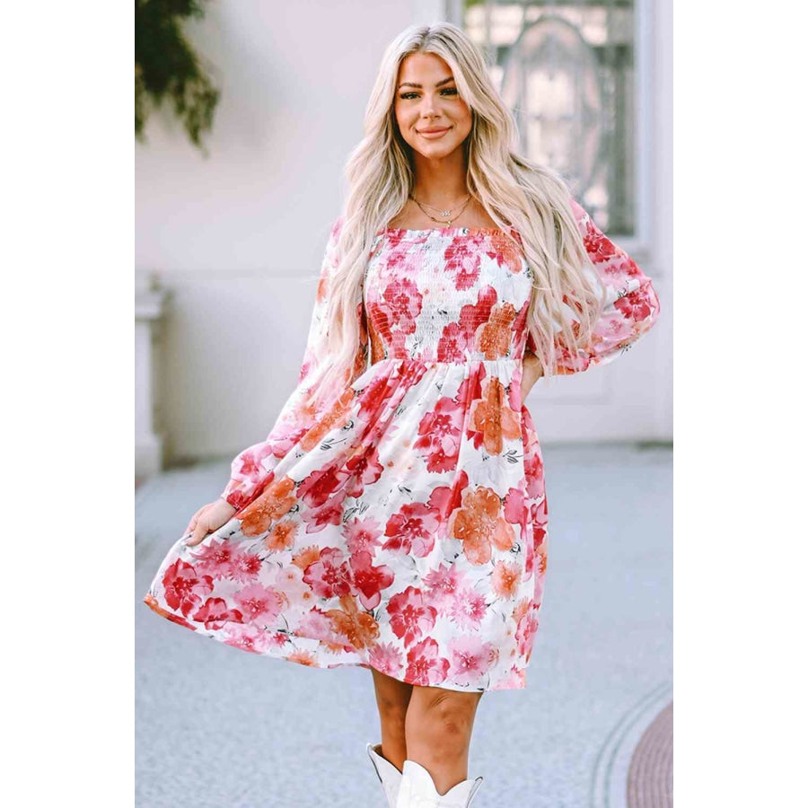 Floral Smocked Square Neck Long Sleeve Dress Fuchsia Pink / S